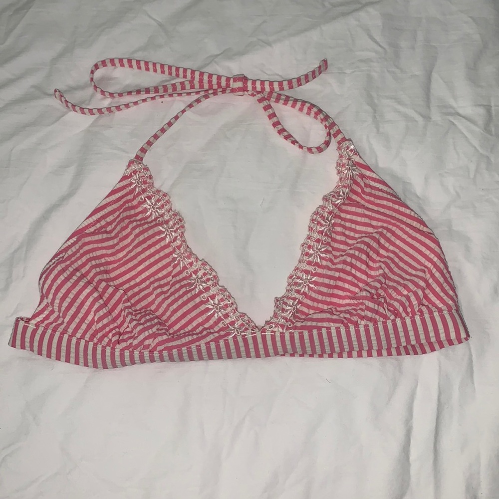 J Crew Seersucker and Eyelet bikini top